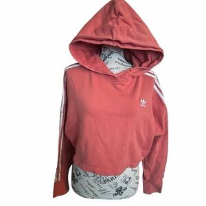 Adidas Pink & White Striped Long Sleeve Cropped Hoodie Sweatshirt | XS